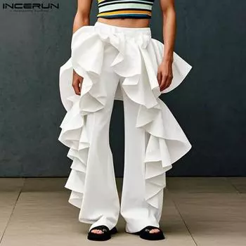 INCERUN мужские брюки с эластичной талией, однотонные, нерегулярные, длинные брюки с оборками S белый