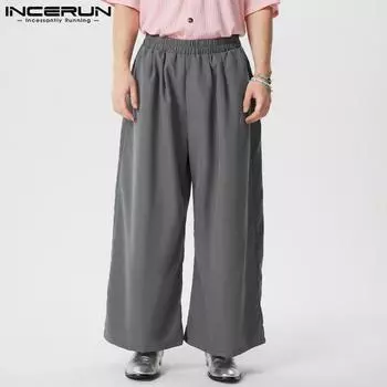 INCERUN Мужские брюки с эластичной талией, широкие, длинные, повседневные, прямые брюки L чёрный