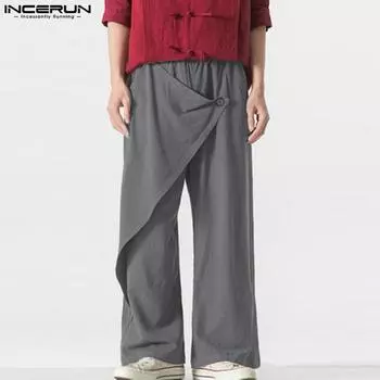 INCERUN Мужские брюки с эластичной талией, широкие брюки, повседневные винтажные длинные брюки S хаки