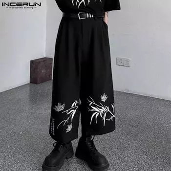 INCERUN Мужские брюки с эластичным поясом и винтажным принтом, свободные прямые брюки