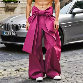 INCERUN Мужские брюки с боковой молнией на талии, гладкие, широкие, повседневные, с бантом, длинные брюки S чёрный