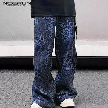 INCERUN Мужские брюки с леопардовым принтом, эластичный пояс, длинные брюки, повседневные карманы, широкие брюки M зелёный