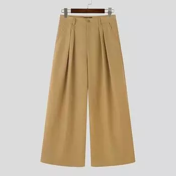 INCERUN Мужские брюки с высокой талией и застежкой-молнией, широкие брюки, повседневные свободные брюки