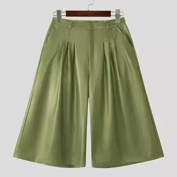 INCERUN Мужские брюки с высокой талией, однотонные, из искусственной кожи, свободные, укороченные, с широкими штанинами S