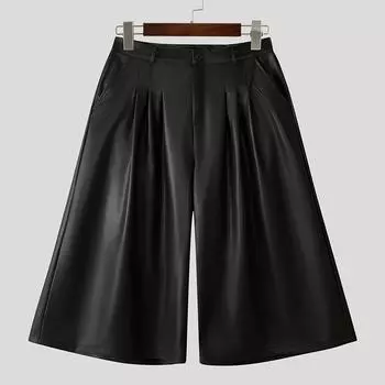 INCERUN Мужские брюки с высокой талией, однотонные, из искусственной кожи, свободные, укороченные, с широкими штанинами чёрный