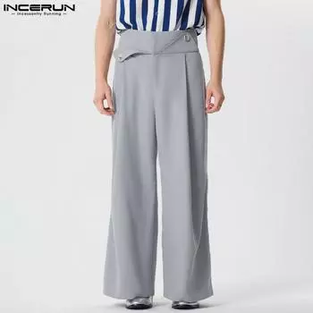 INCERUN Мужские брюки с высокой талией, однотонные широкие брюки с застежкой-молнией на талии