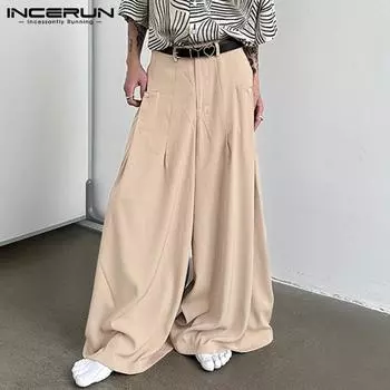 INCERUN Мужские брюки с высокой талией, широкие однотонные брюки большого размера