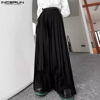 INCERUN Мужские брюки с застежкой-молнией и высокой талией, повседневные длинные плиссированные брюки S чёрный