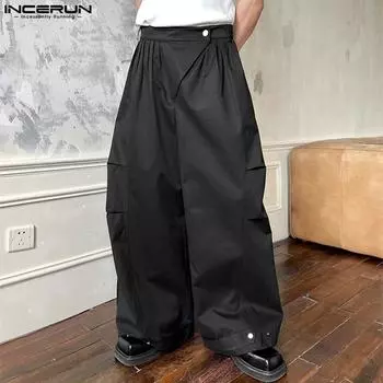 INCERUN Мужские брюки с застежкой-молнией на пуговицы, широкие брюки с оборками, повседневные длинные брюки 2XL чёрный