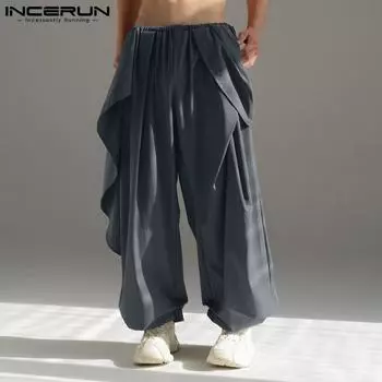 INCERUN Мужские брюки-шаровары с эластичной талией и оборками в стиле пэчворк, повседневные многослойные брюки-шаровары 4XL