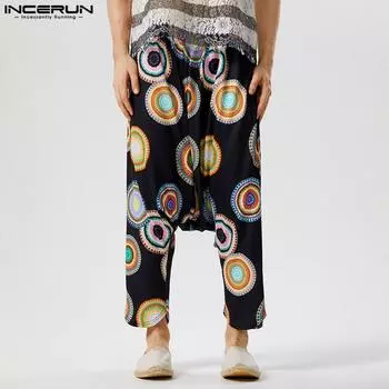 INCERUN Мужские брюки-шаровары с цыганским принтом и заниженным шаговым швом