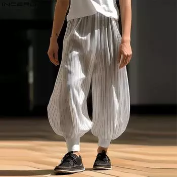 INCERUN Мужские брюки-шаровары в полоску с эластичной резинкой на талии, повседневные, прозрачные, с заниженным шаговым швом
