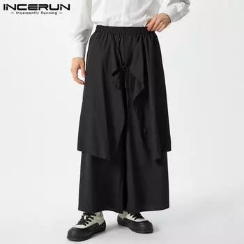 INCERUN Мужские брюки-юбки с эластичным поясом, готические брюки-кюлоты со складками 5XL чёрный
