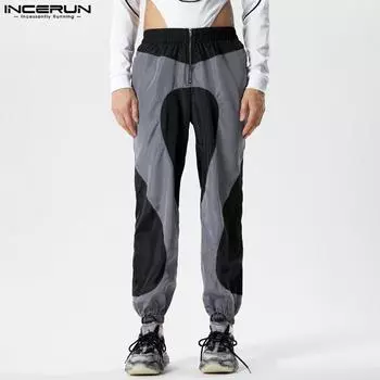 INCERUN Мужские длинные брюки-карго на молнии в стиле пэчворк