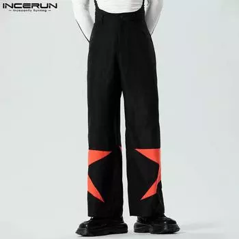 INCERUN мужские длинные брюки на молнии и пуговицах на талии в стиле пэчворк