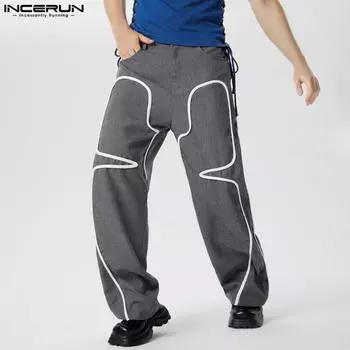 INCERUN Мужские длинные брюки на молнии в стиле пэчворк, прямые брюки L темно-синий
