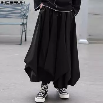 INCERUN Мужские длинные брюки с эластичной резинкой на талии, свободные широкие брюки с широкими штанинами L зелёный