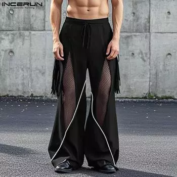 INCERUN Мужские длинные брюки с эластичной резинкой на талии, повседневные сетчатые брюки с кисточками в стиле пэчворк S чёрный