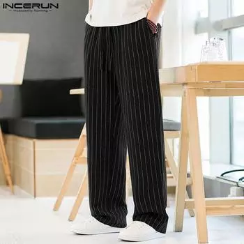 INCERUN Мужские длинные брюки с эластичной резинкой на талии и полосками