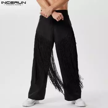 INCERUN Мужские длинные брюки с кисточками и молнией, широкие брюки для вечеринок M чёрный