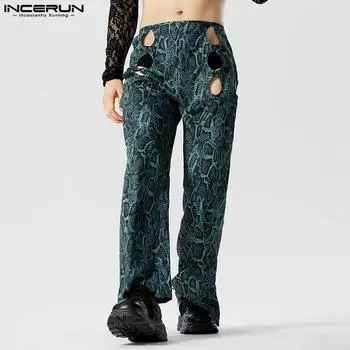 INCERUN Мужские длинные брюки с леопардовым принтом и вырезами для вечеринок
