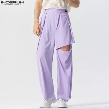 INCERUN Мужские длинные брюки с вырезами на пуговицах, прямые брюки M зелёный