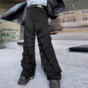 INCERUN Мужские длинные брюки с застежкой-молнией спереди и перекрестными ремешками для вечеринок в уличном стиле