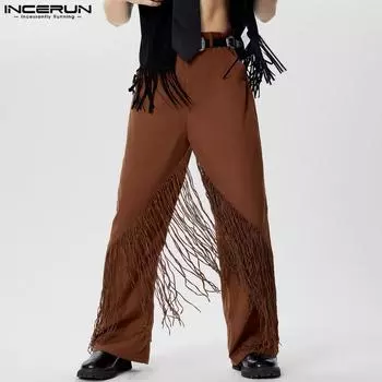 INCERUN Мужские длинные брюки с застежкой-молнией и кисточками, повседневные прямые брюки 5XL оранжевый