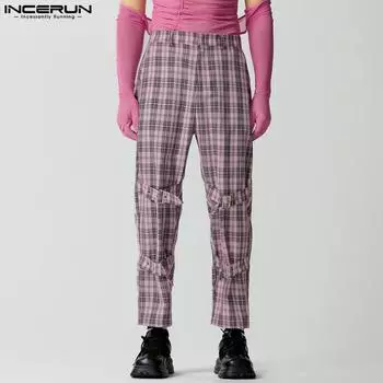 INCERUN мужские длинные брюки-шаровары с пуговицами-молниями в клетку