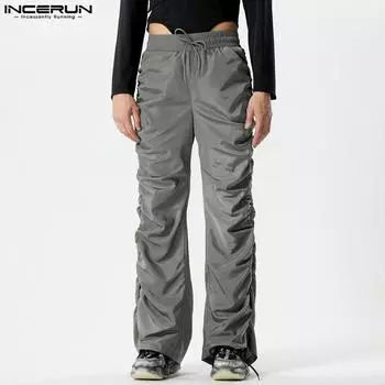 INCERUN Мужские длинные брюки со складками и эластичной резинкой на талии