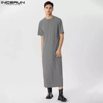 INCERUN Мужские длинные исламские платья с короткими рукавами и молнией на шее 4XL бежевый
