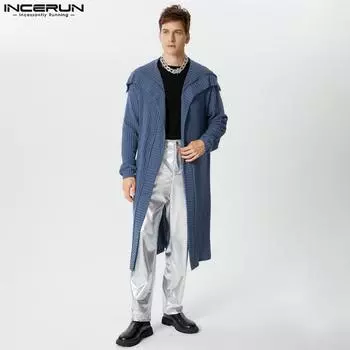 INCERUN Мужские длинные кардиганы с длинным рукавом и открытыми лацканами спереди, трикотажные пальто S чёрный