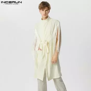 INCERUN Мужские длинные пальто без рукавов с кисточками и мехом в стиле пэчворк без рукавов