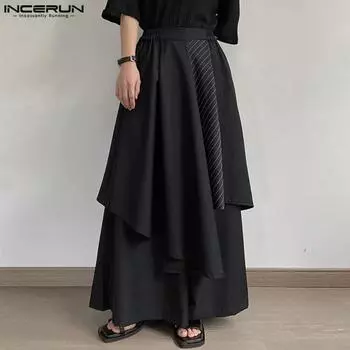 INCERUN Мужские длинные плиссированные юбки с эластичной резинкой на талии и оборками L чёрный