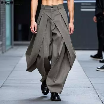 INCERUN Мужские длинные повседневные брюки на молнии с оборками и талией S зелёный