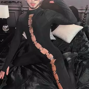 INCERUN мужские длинные рукава полые тонкие длинные комбинезоны повседневные облегающие комбинезоны 4XL чёрный