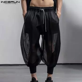 INCERUN Мужские длинные сетчатые брюки с завязками на резинке на талии, повседневные сетчатые прозрачные шаровары для вечеринок S чёрный