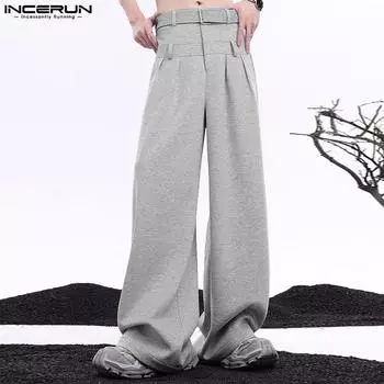 INCERUN Мужские длинные широкие брюки на молнии, повседневные прямые брюки палаццо S розовый