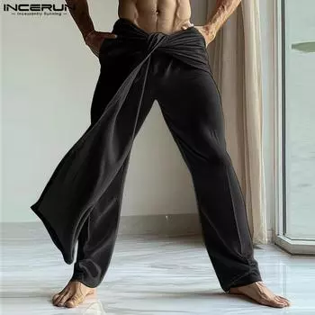 INCERUN Мужские длинные широкие брюки с эластичной талией, с оборками, скрученные длинные брюки S чёрный