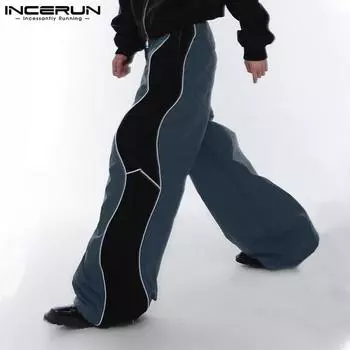 INCERUN Мужские длинные широкие брюки с эластичной резинкой на талии, повседневные брюки с карманами в стиле пэчворк S чёрный