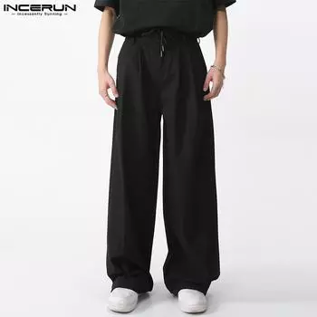 INCERUN Мужские длинные свободные однотонные брюки с широкими штанинами на молнии на талии M чёрный