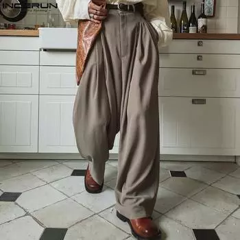 INCERUN мужские длинные свободные прямые брюки на молнии элегантный пиджак брюки S чёрный