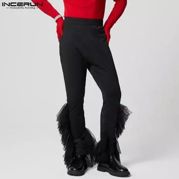 INCERUN мужские длинные узкие брюки с эластичным поясом и оборками из сетки S чёрный
