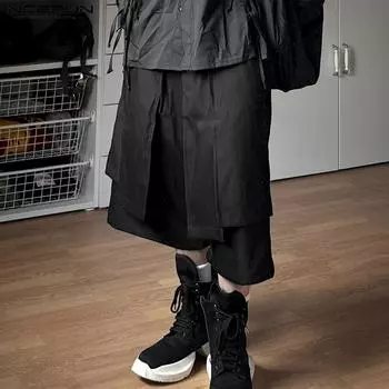 INCERUN Мужские двухслойные эластичные талии свободные мешковатые шорты повседневные капри S чёрный