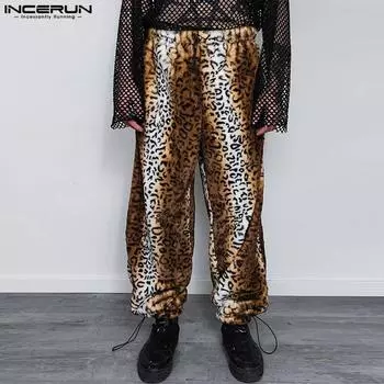 INCERUN Мужские фланелевые бархатные длинные брюки с леопардовым принтом и завязками