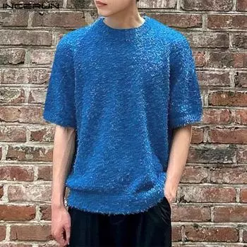 INCERUN мужские флисовые летние футболки с круглым вырезом и короткими рукавами