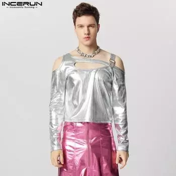 INCERUN Мужские футболки без бретелек с блестками для вечеринок, короткие топы с нерегулярным вырезом S розовый