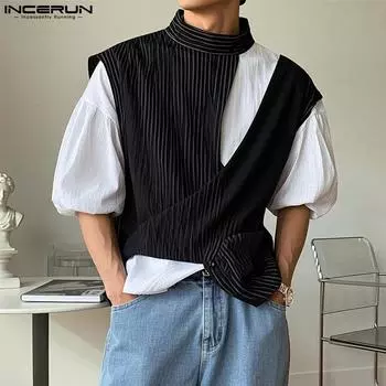 INCERUN Мужские футболки большого размера с высоким воротом и коротким рукавом в полоску в стиле пэчворк M