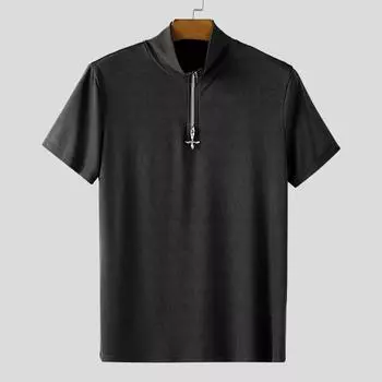 INCERUN Мужские футболки на молнии с высоким воротом, с коротким рукавом, однотонные, повседневные, приталенные 4XL