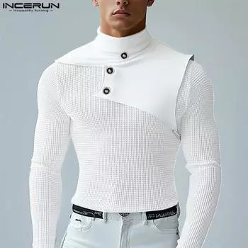 INCERUN Мужские футболки-пуловеры с воротником-стойкой и длинным рукавом в стиле пэчворк и вафельным узором белый